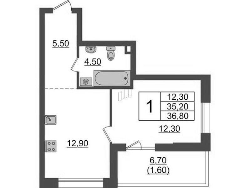 1-комнатная квартира 36.8 м², 1/9 эт., ЖК «А101 Лаголово»